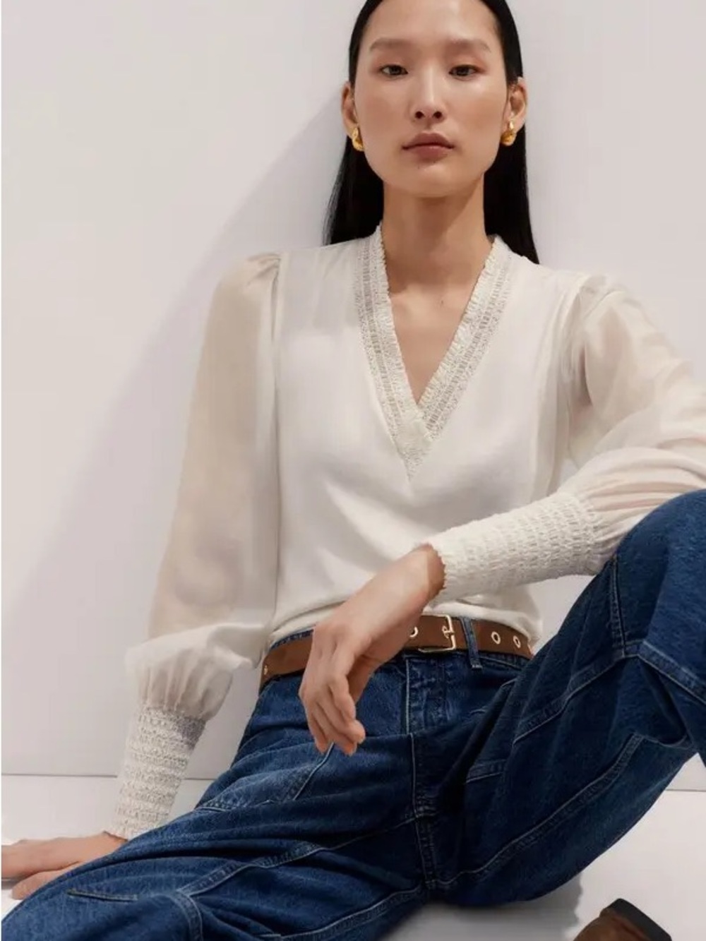 ME+EM V-Neck Ballon Long Sleeve Sheer Silk Smock Layering Blouse Ivory White Top